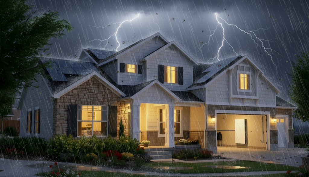 Home with Solar Panels and Battery Backup during a storm
